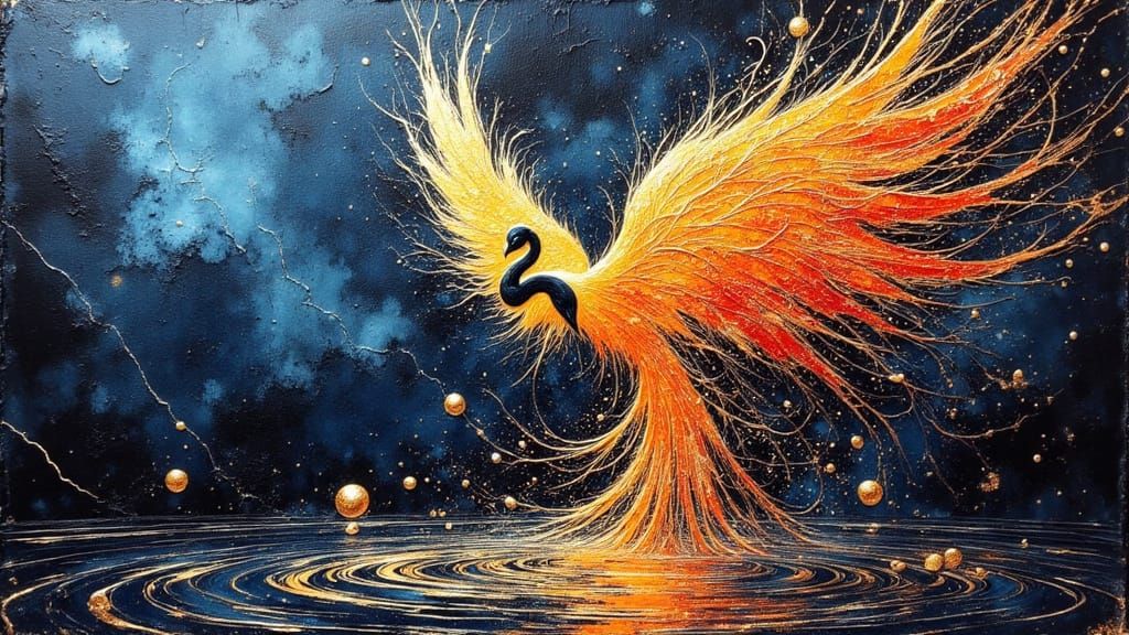 Golden Phoenix Rises from Dripping Paint in Ancient Gold Sty...