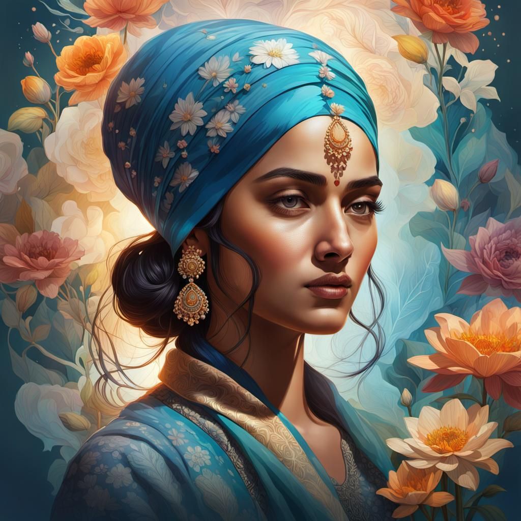 Mystical Sikh Woman Portrait with Floral Elements