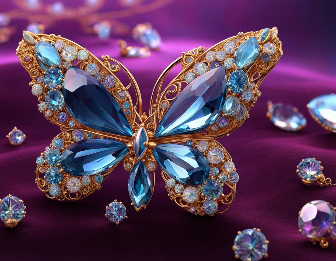 Crystalline Butterfly Jewelry on Velvet in Hyperdetailed Ren...