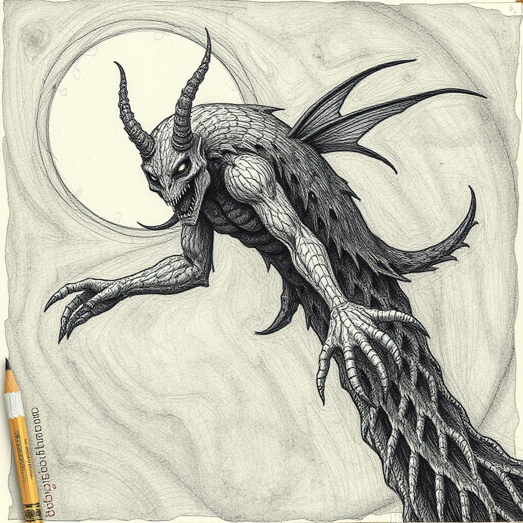 Sea Vampire Pencil Metamorphosis in Vrubel & Chagall Style