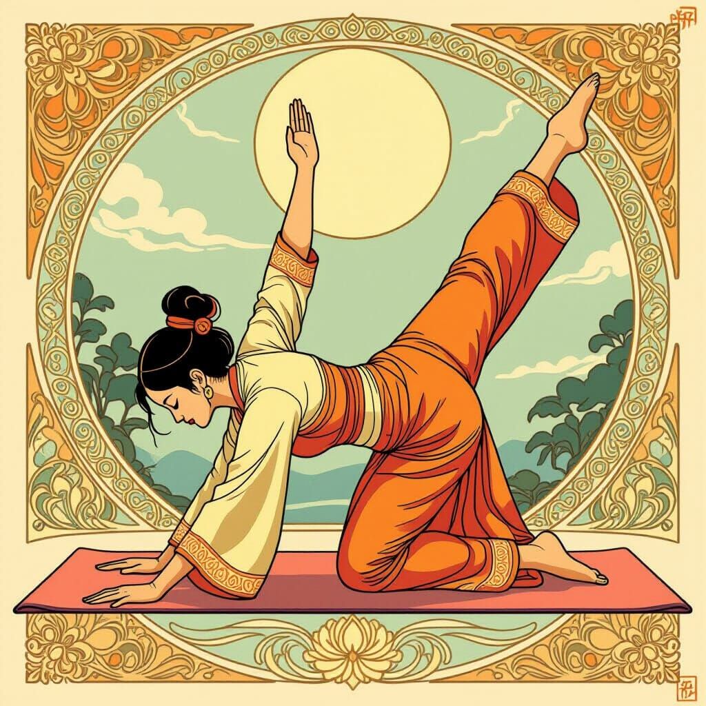 Buddhist Woman Doing Yoga in Art Nouveau Style