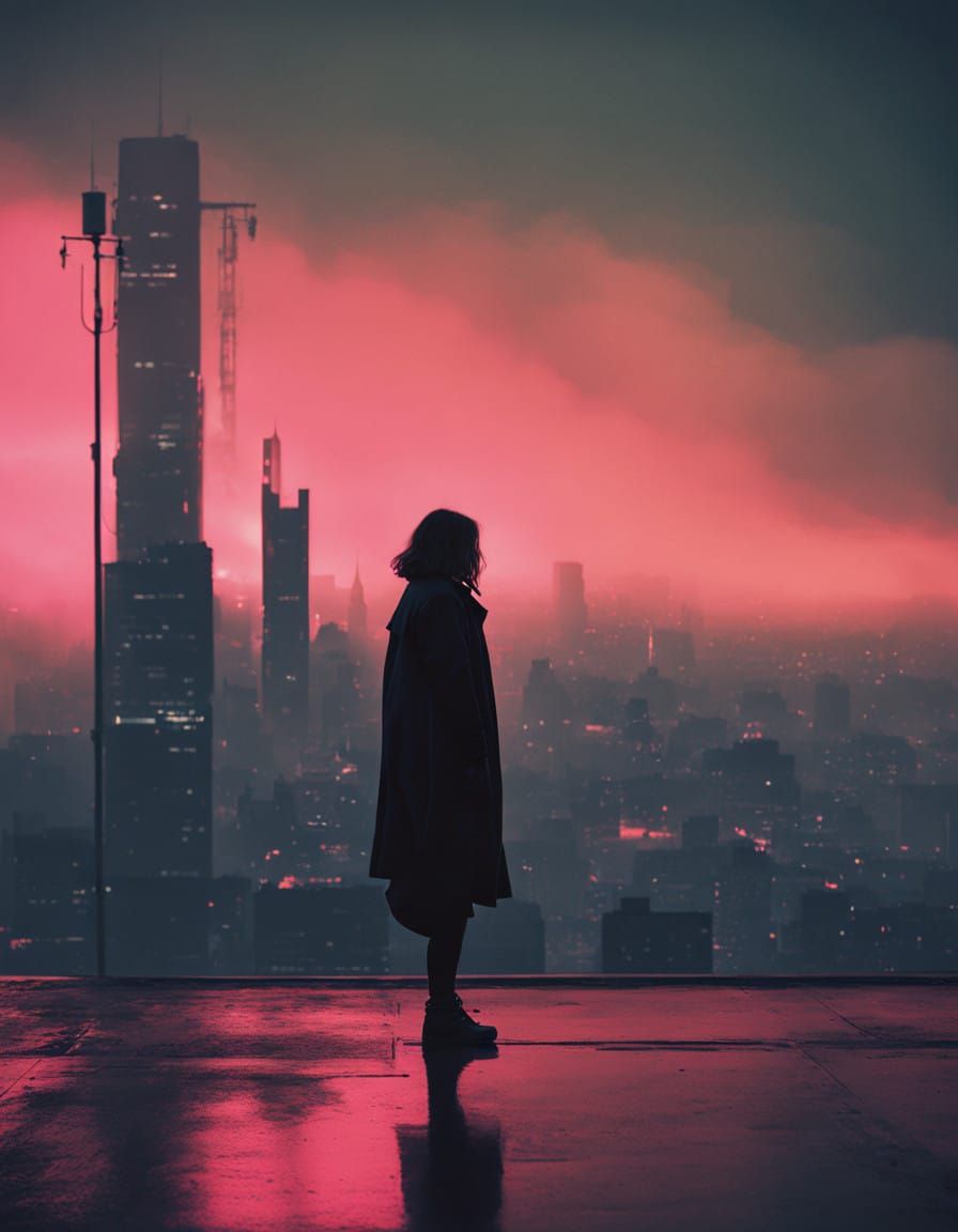 Silhouette,black on neon, Graceful silhouette of a dancer against a neon cityscape