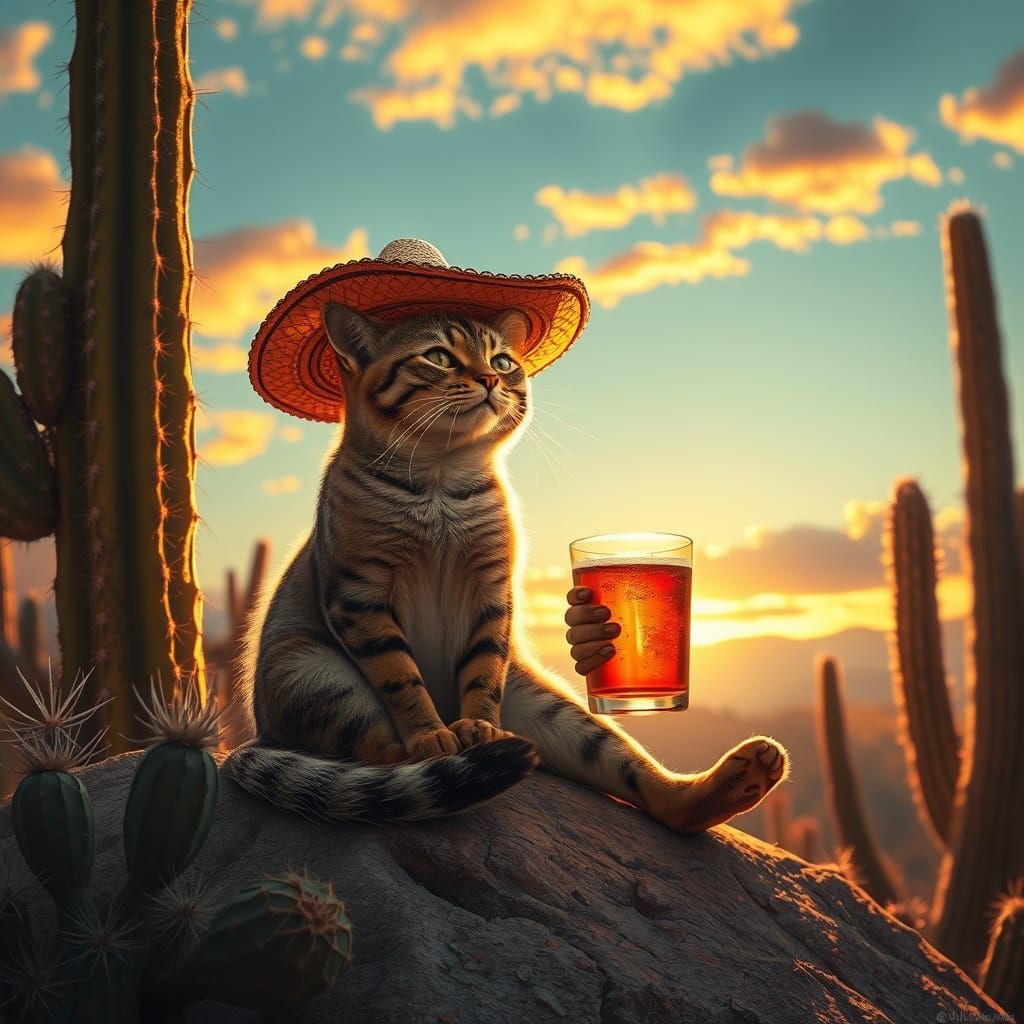 Un  chat DE FACE avec un sombrero sur le tete se repose au Mexique, il boit une bière belle lumière et couleur vibrante ...