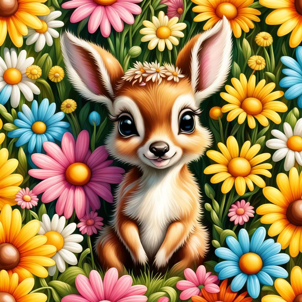 Sweet Baby Animals in a Daisy Patch