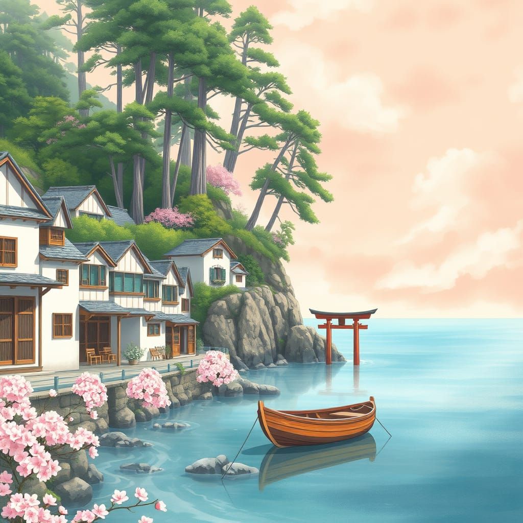 Seaside Village with Cherry Blossoms in Anime Style