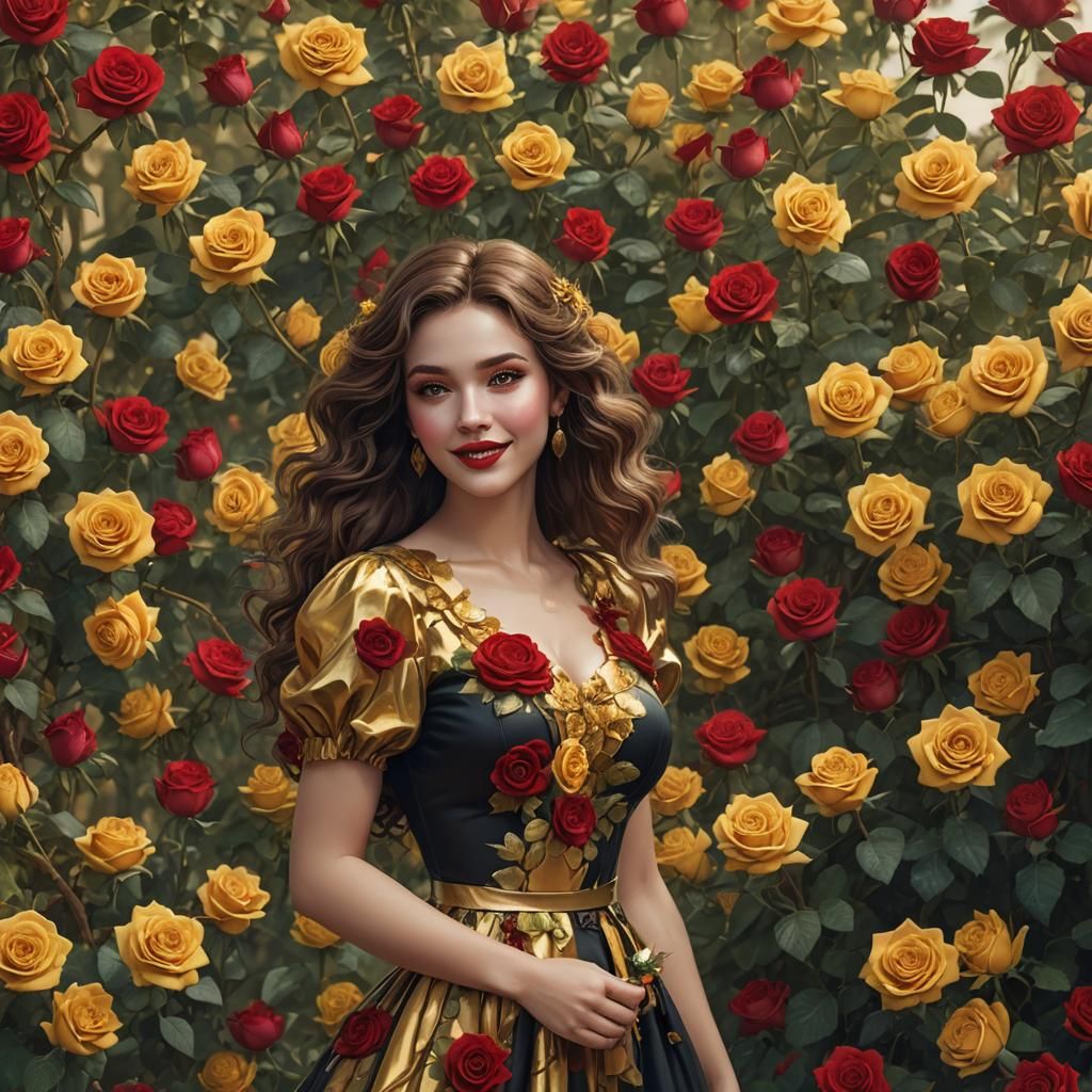 Beautiful Woman in Gold and Red Dress