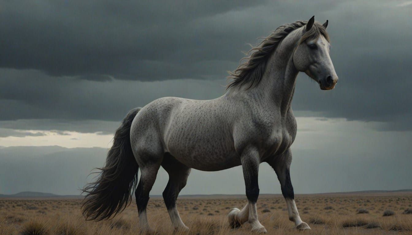 Gray Stallion on Windswept Plain Cinematic Film Still