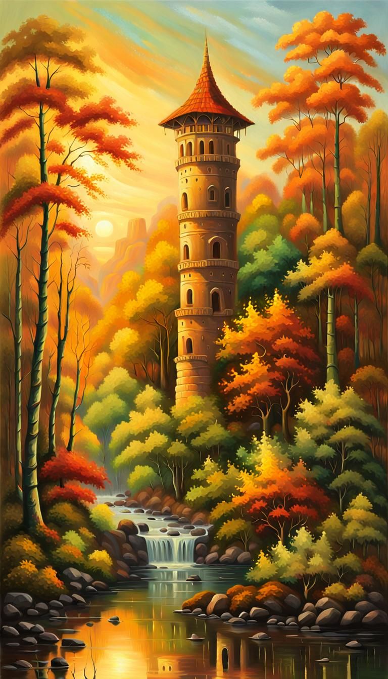 Mystical Tower in Amazonian Forest, Oil Painting