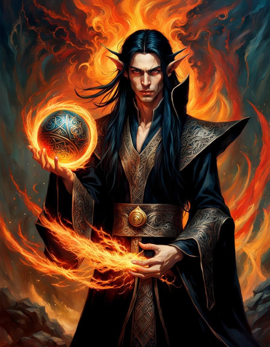 Dalamar the Dark Elf Portrait with Fire Spell