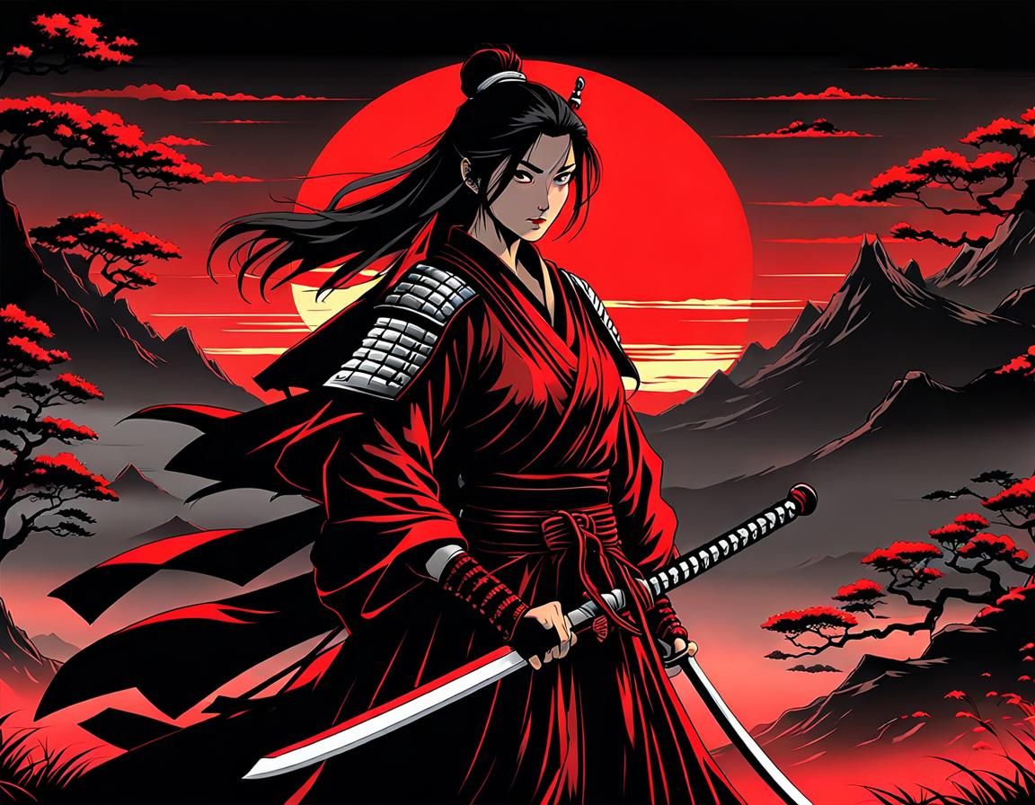 Night Samurai with Sword in Screen Printing Style