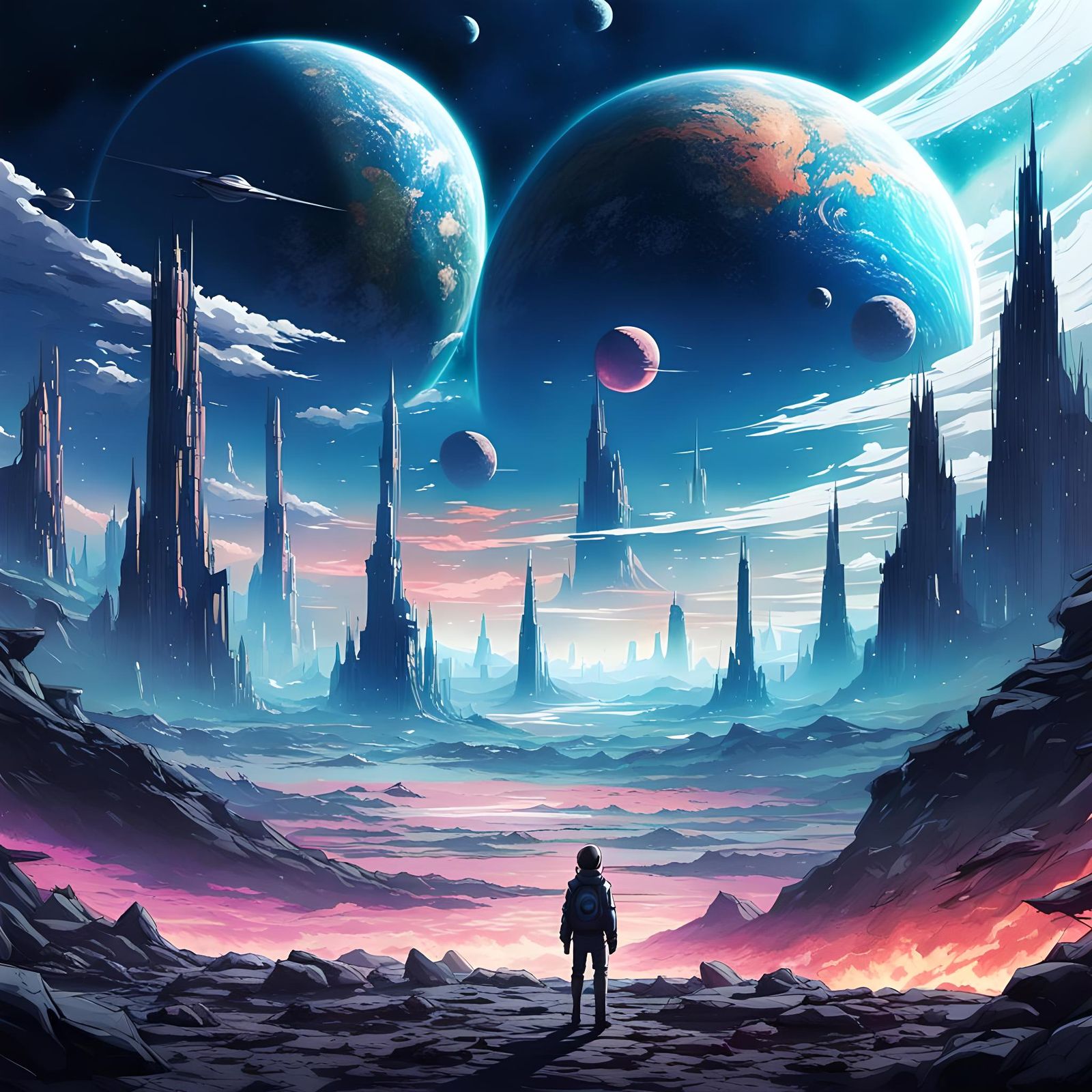 Anime-Style Alien World with Planets