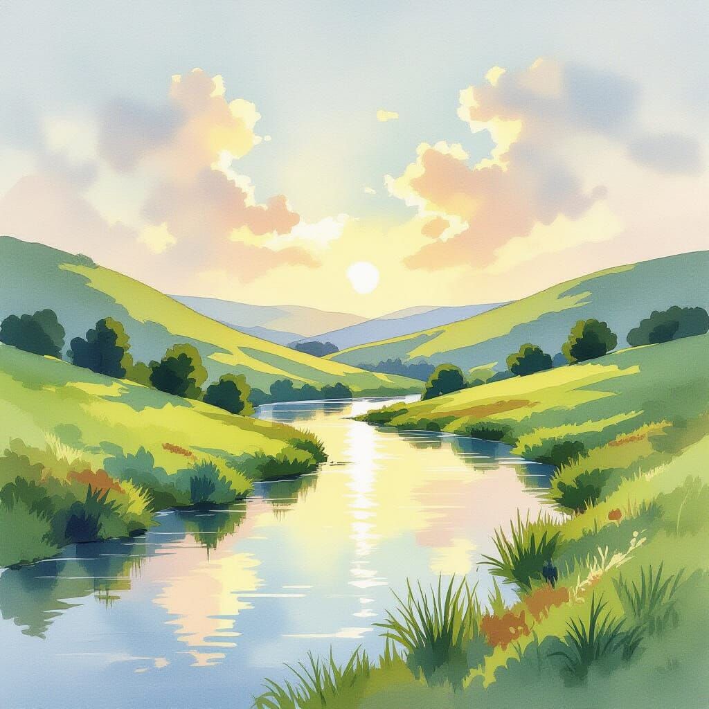 Serene Landscape Watercolor Painting
