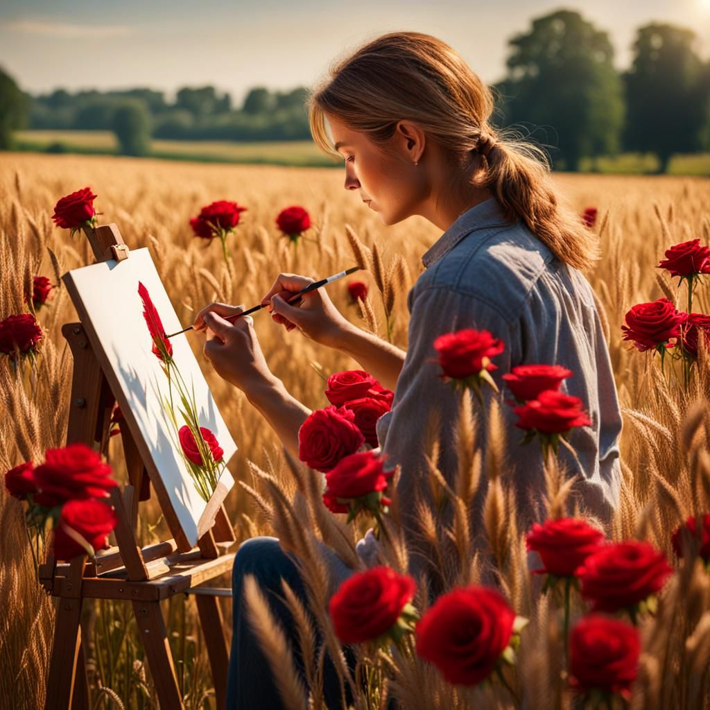 Hyperrealistic Painting of Woman in Wheat Field