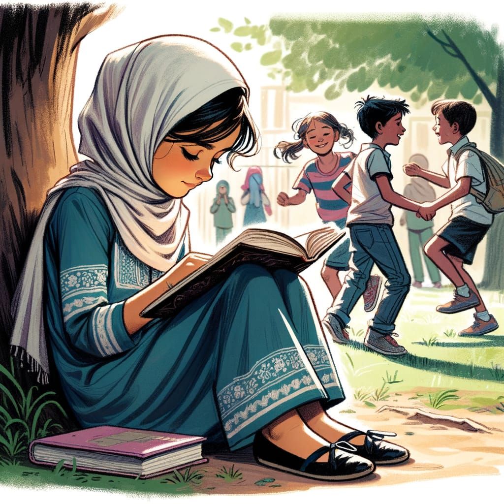 Quiet Girl Reading Under Tree in School Playground