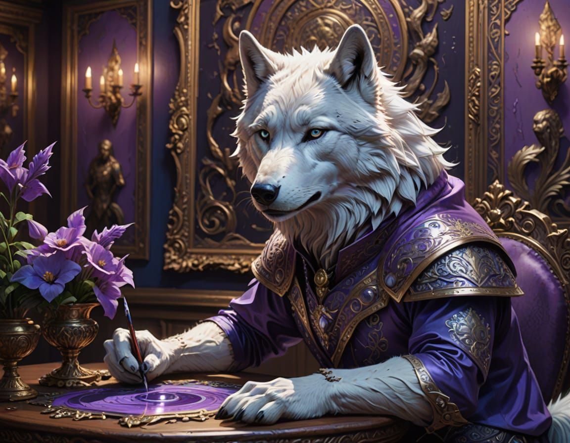Majestic Wolf Paints in Ornate Studio - Fantasy Digital Art