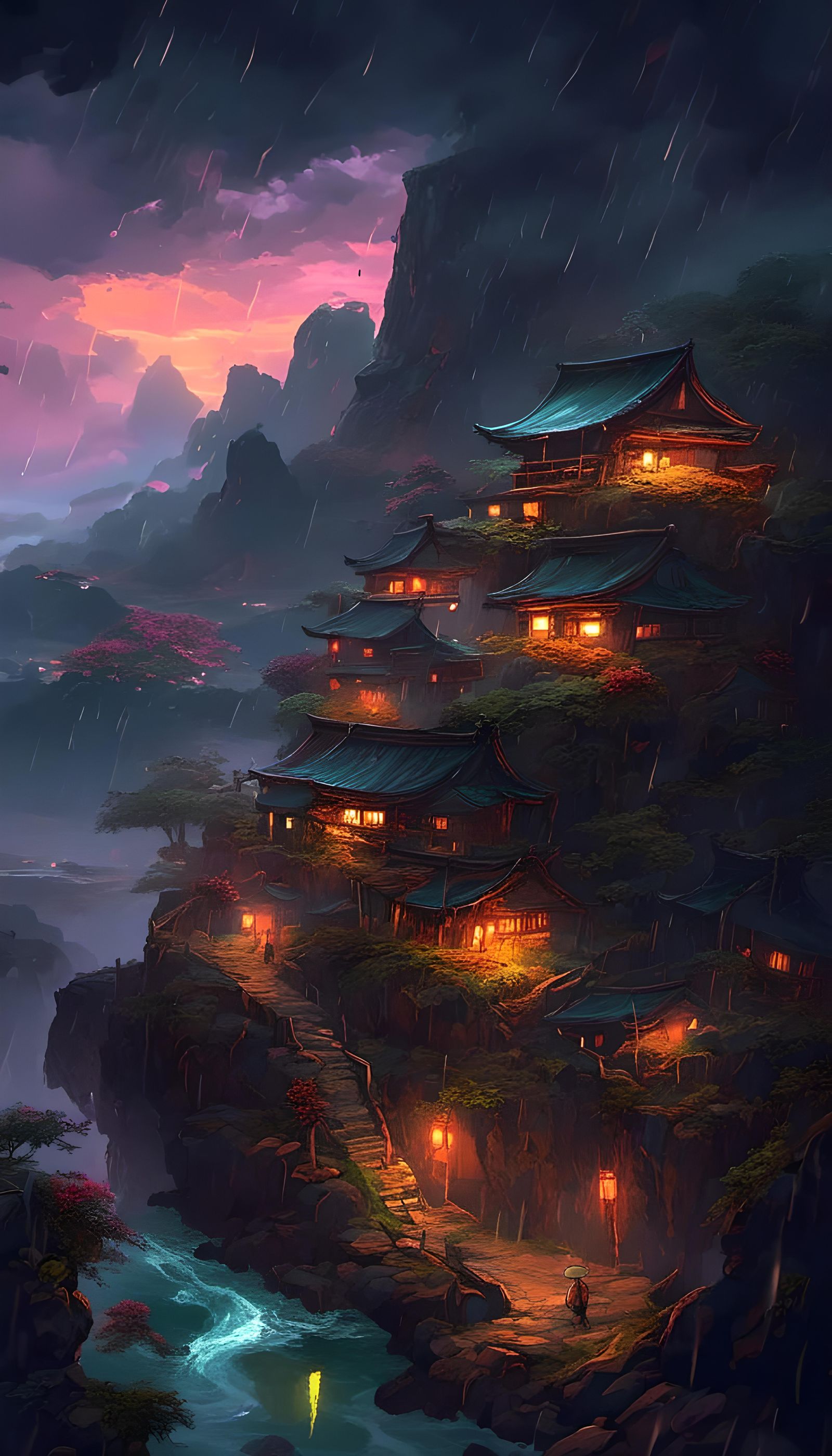 Rainy Japanese Village Panorama in Vivid Art Style