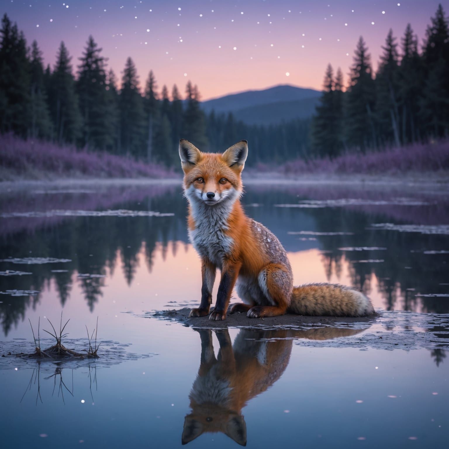 Winged Fox Cub Reflection at Twilight