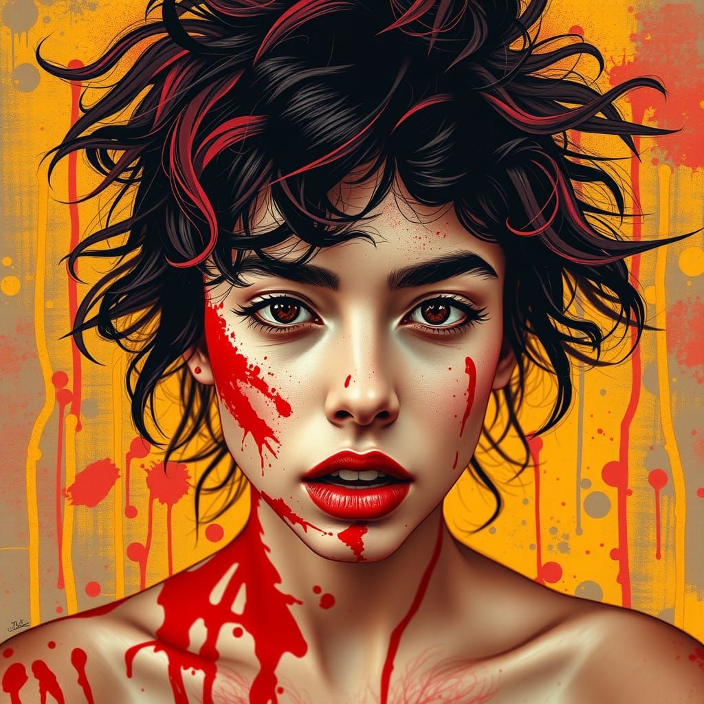 Vibrant Woman with Curly Hair and Red Artistic Splatters