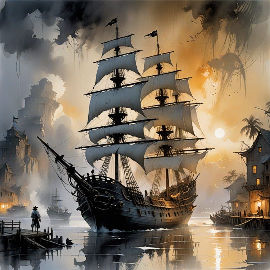 Whimsical Watercolour Dreamscapes: Serene Pirate Ship in Sun...