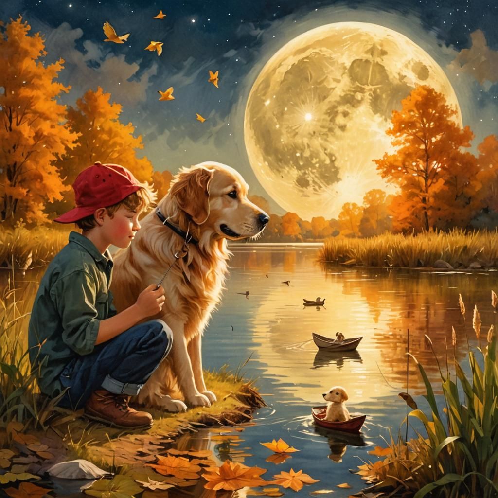 Boy and Golden Retriever Under a Giant Moon
