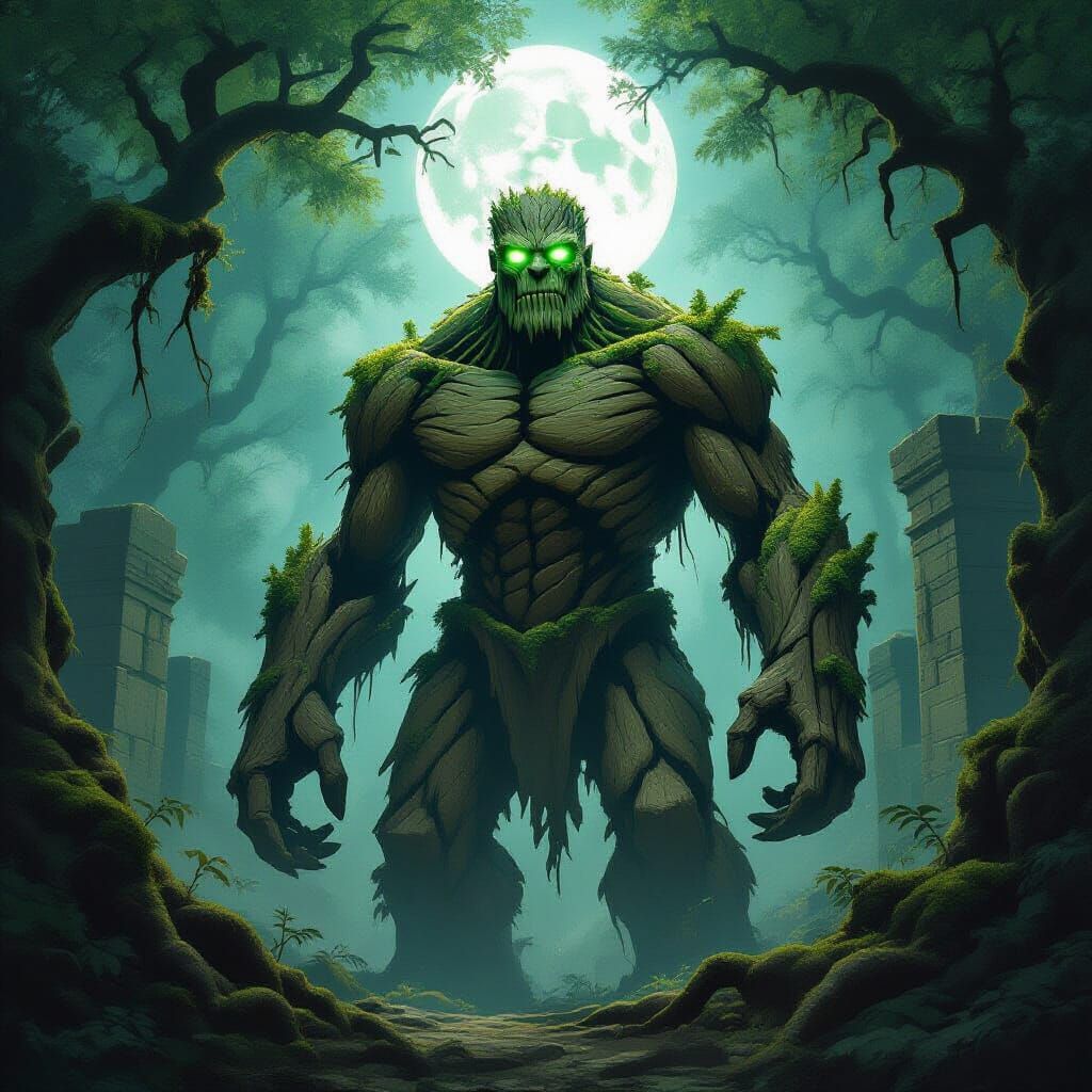 Ancient Golem Awakens in Moonlit Primeval Forest Ruins
