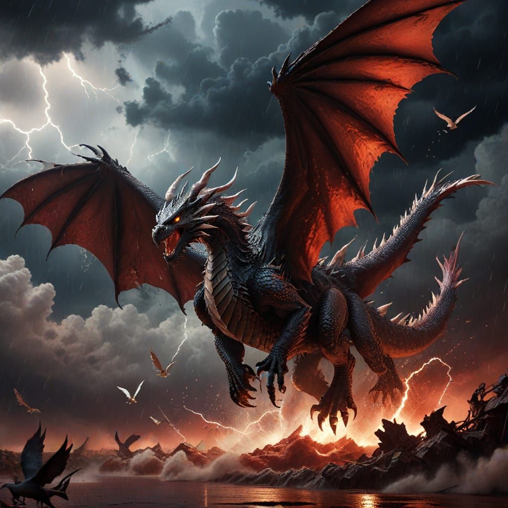 Giant Dragon Chases Doves Under Crimson Stormy Skies