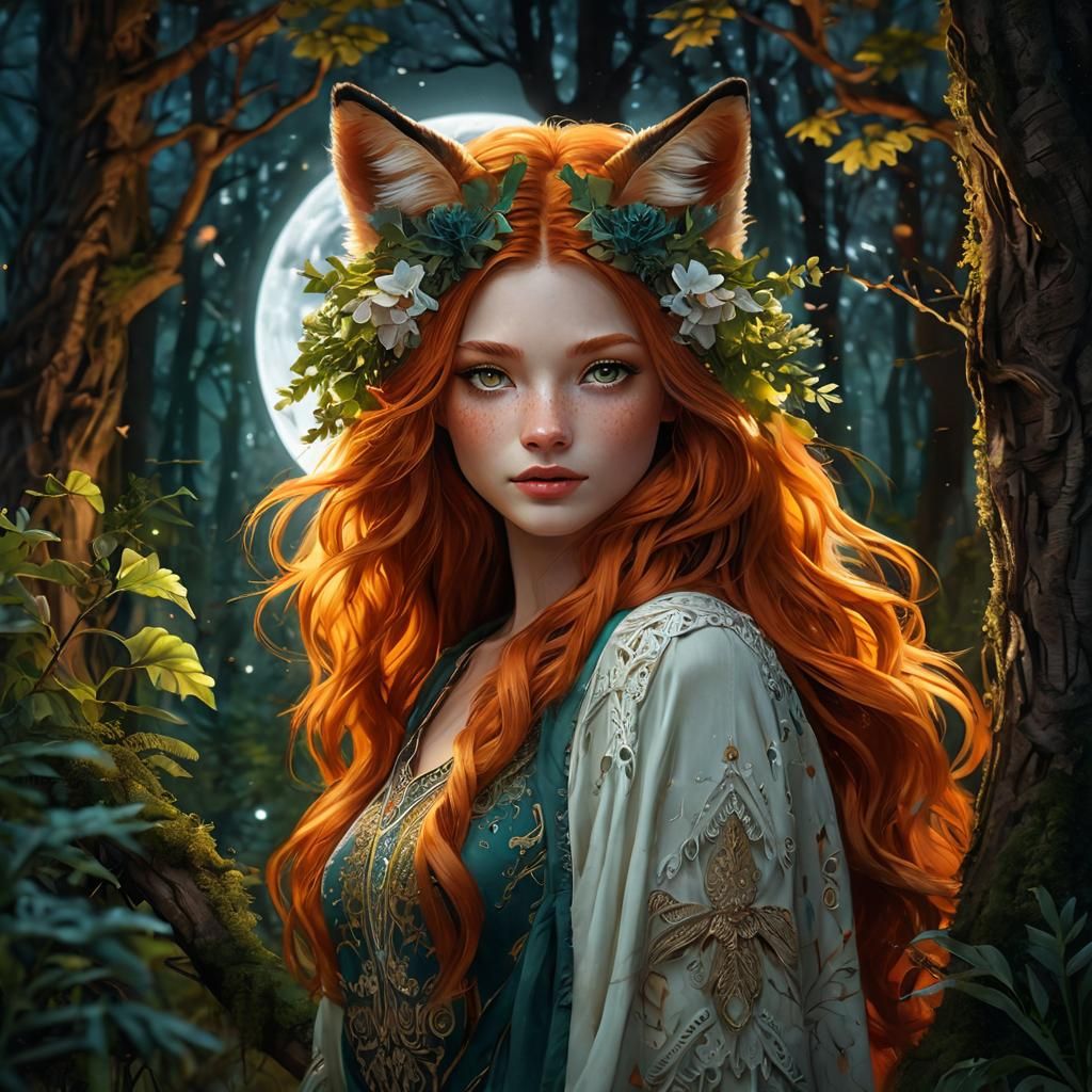 Fox-Girl Personification in Ethereal Forest Digital Painting