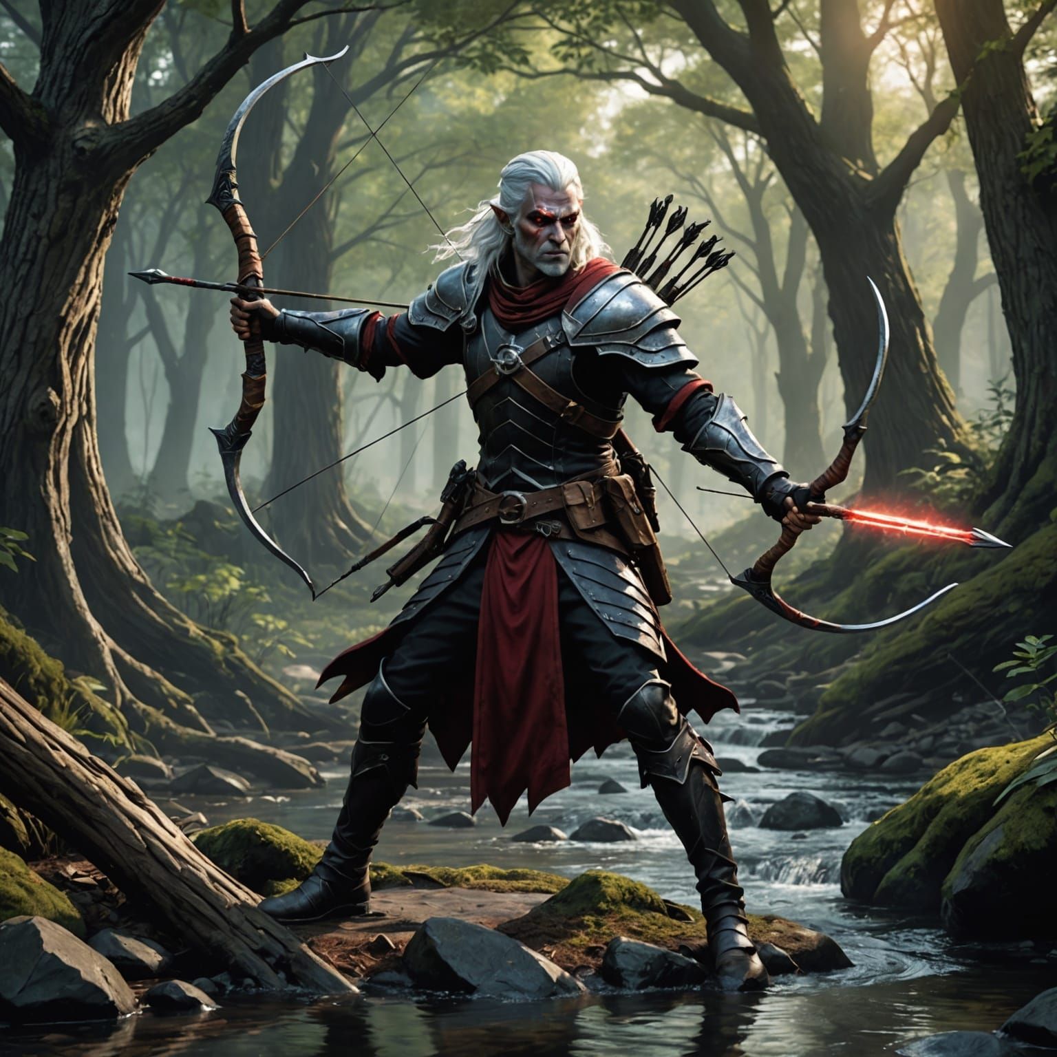 Dark Elf Ranger in Dark Fantasy Wood, Hyperdetailed Art