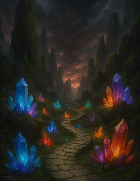 Fantasy Realm Pathway with Glowing Crystals