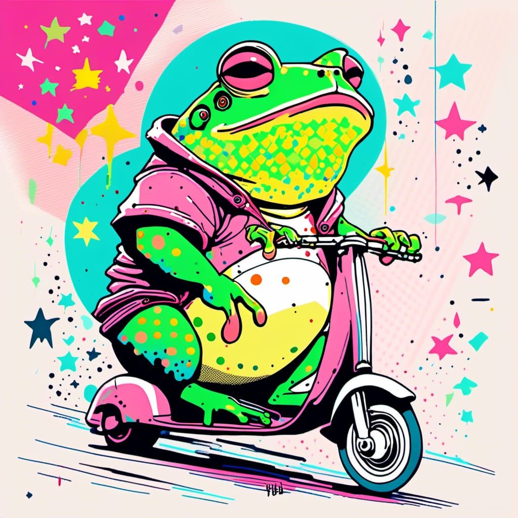 Starry Toad Scooter Ride: Minimalist Vector Art