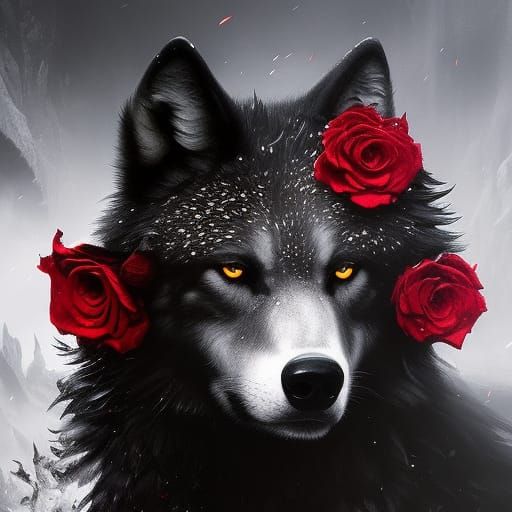 Ethereal Wolf with Roses in Hyperdetailed Dark Art