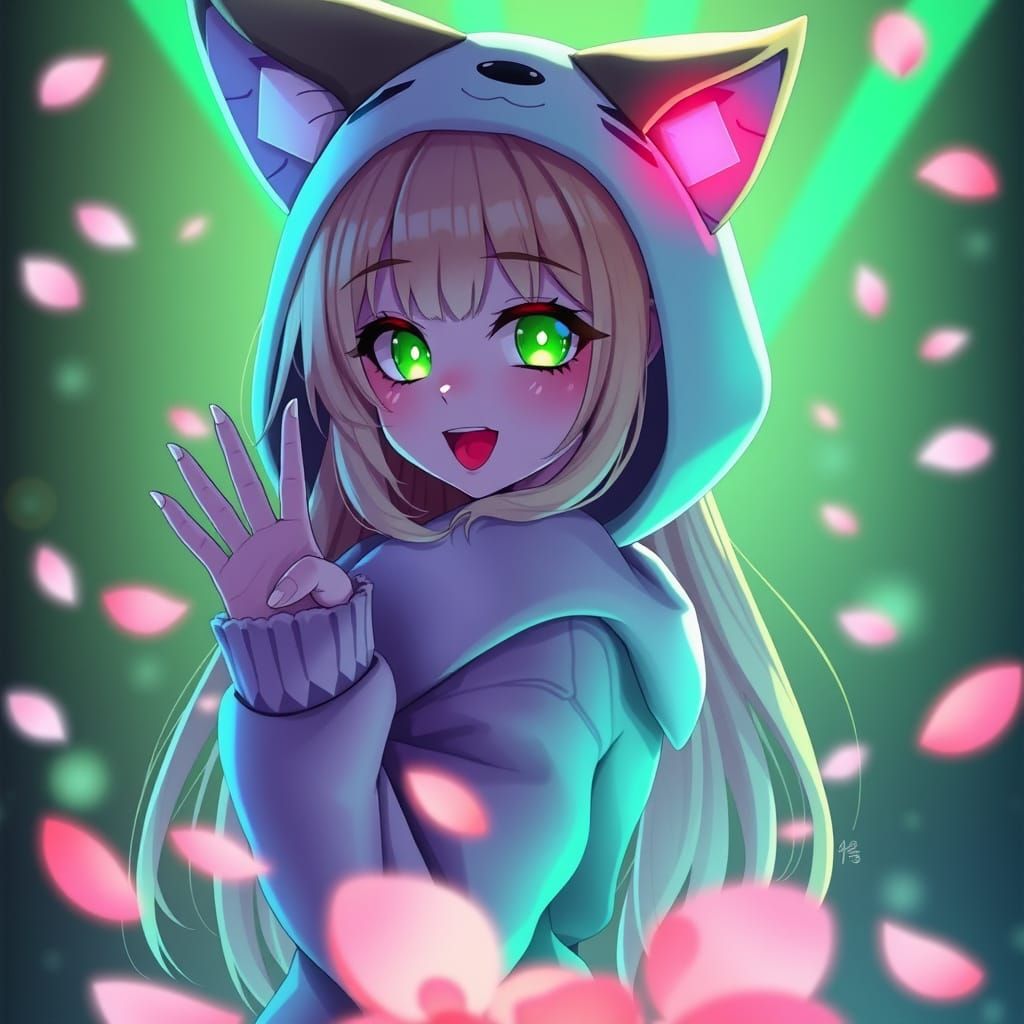 Anime Girl with Fox Hoodie in Neon Dreamscape