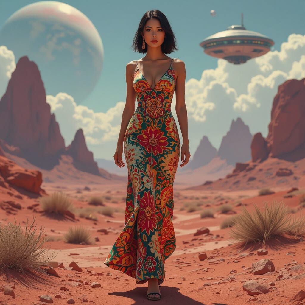 Asian Woman on Alien Planet in Dystopian Landscape