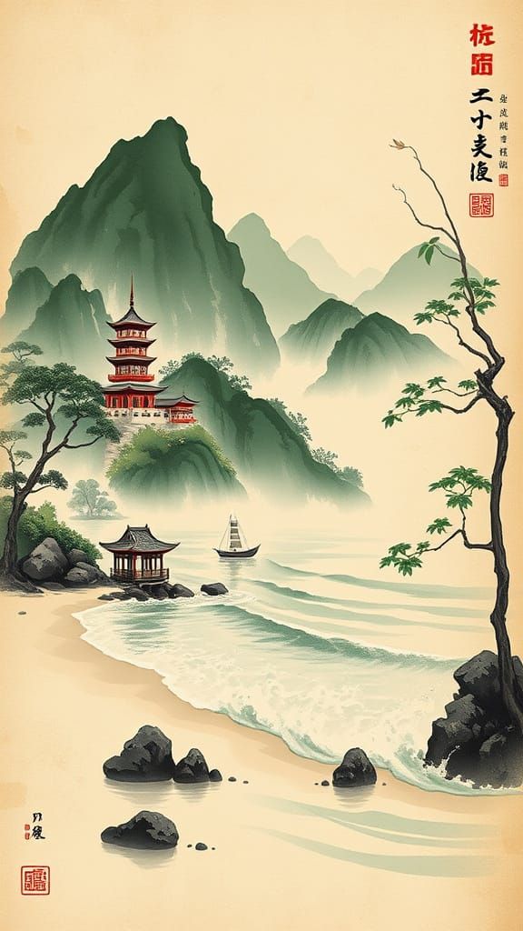 Tropical Chinese Pagodas Rise from Misty Hills