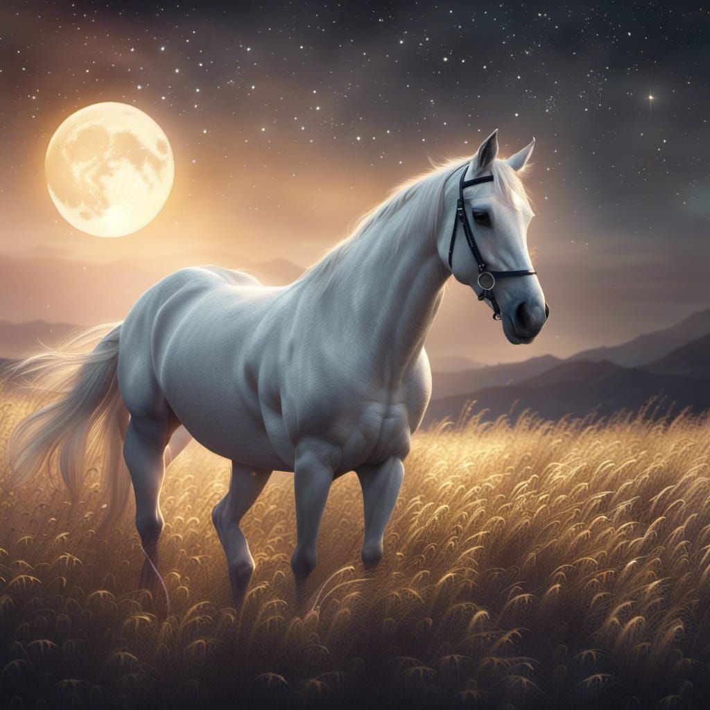 Mystical White Horse in Glowing Field at Night