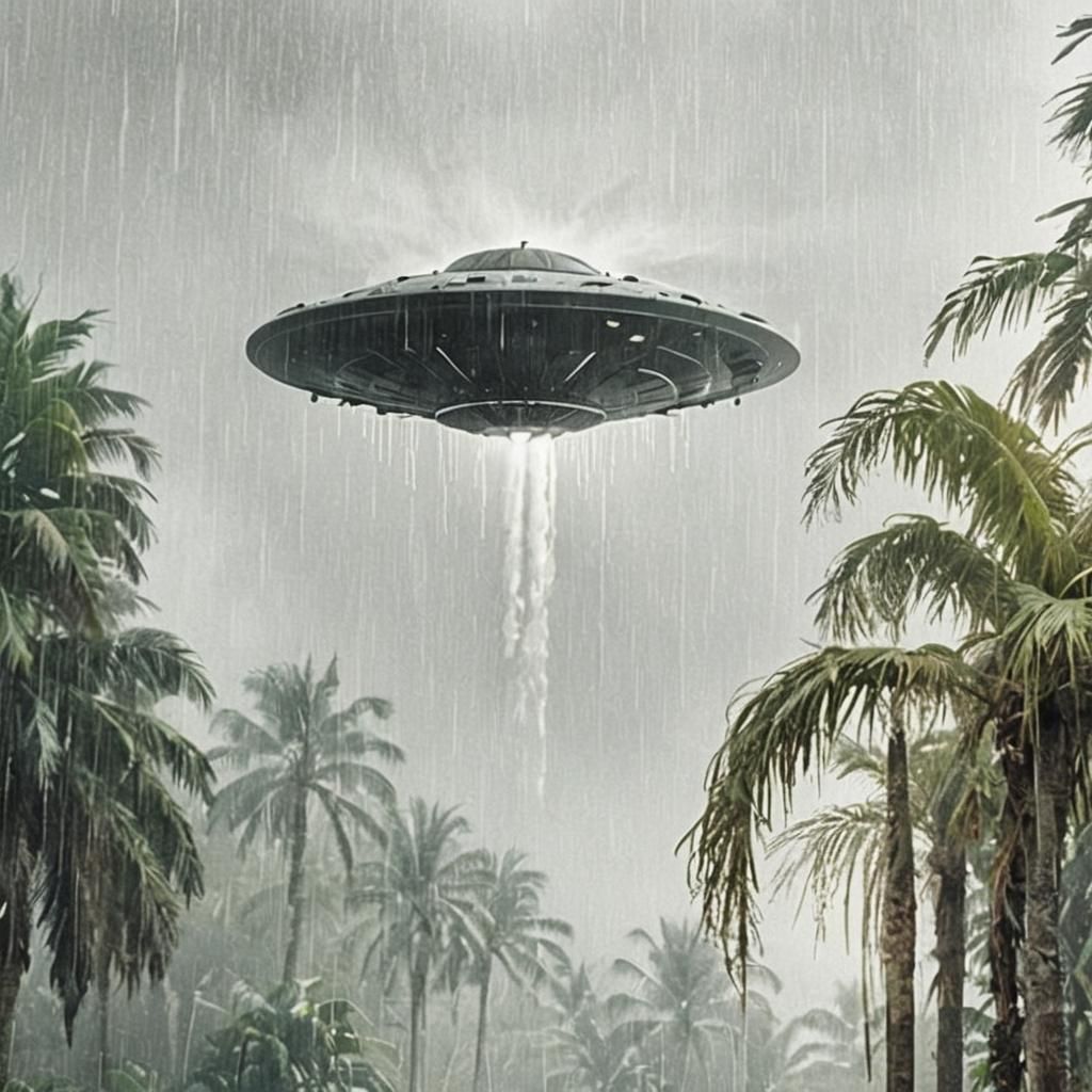 UFO in Fog: Black and White Tropical Scene