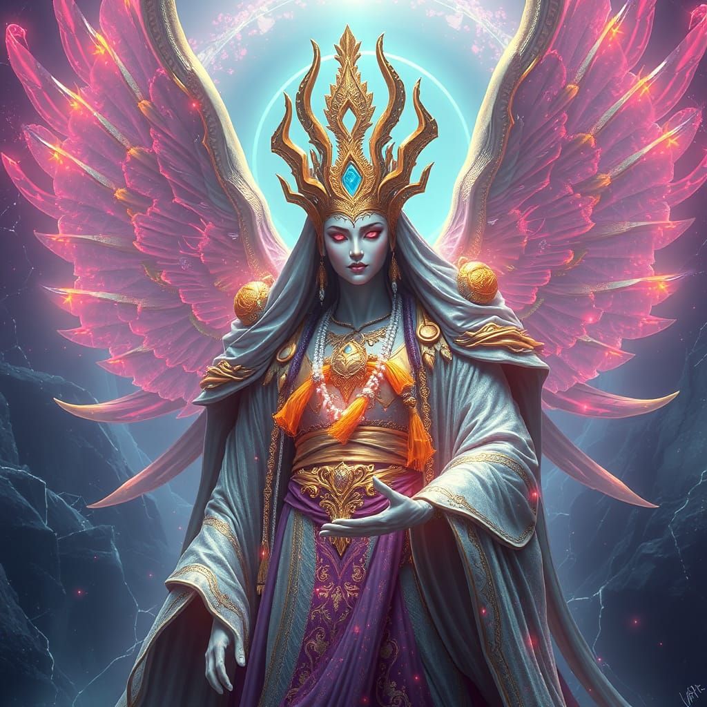 Radiant Deity in Ethereal Cyberpunk Landscape