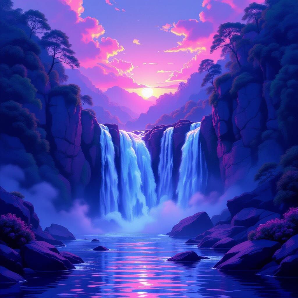 Dreamlike Pink and Violet Waterfall in Ethereal Light