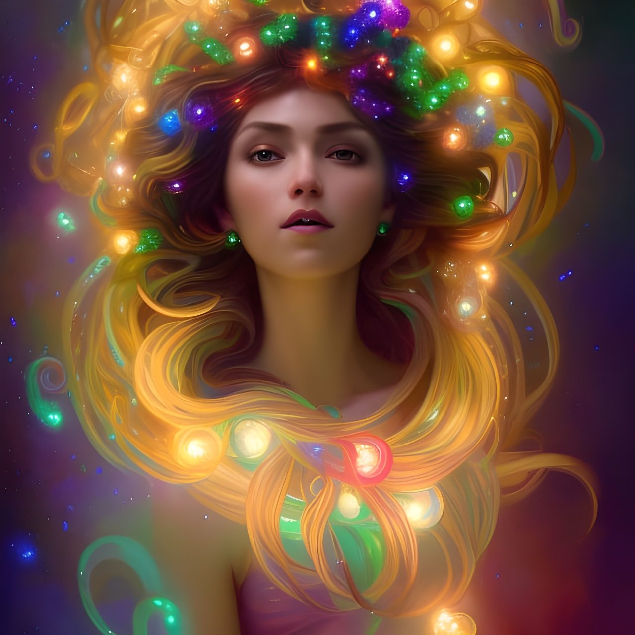 Goddess with Magical Christmas Lights, Digital Art