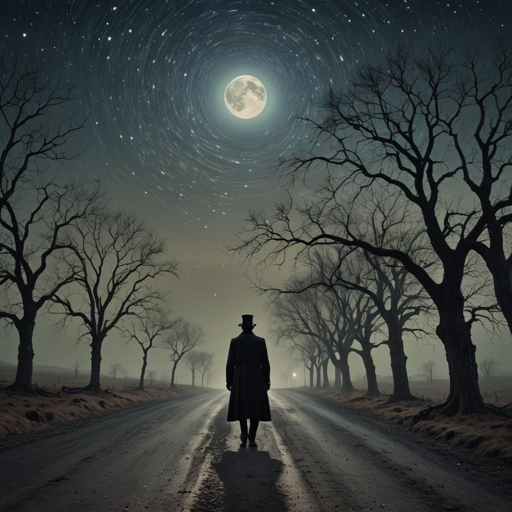 Eerie Figure Under Swirling Starry Night