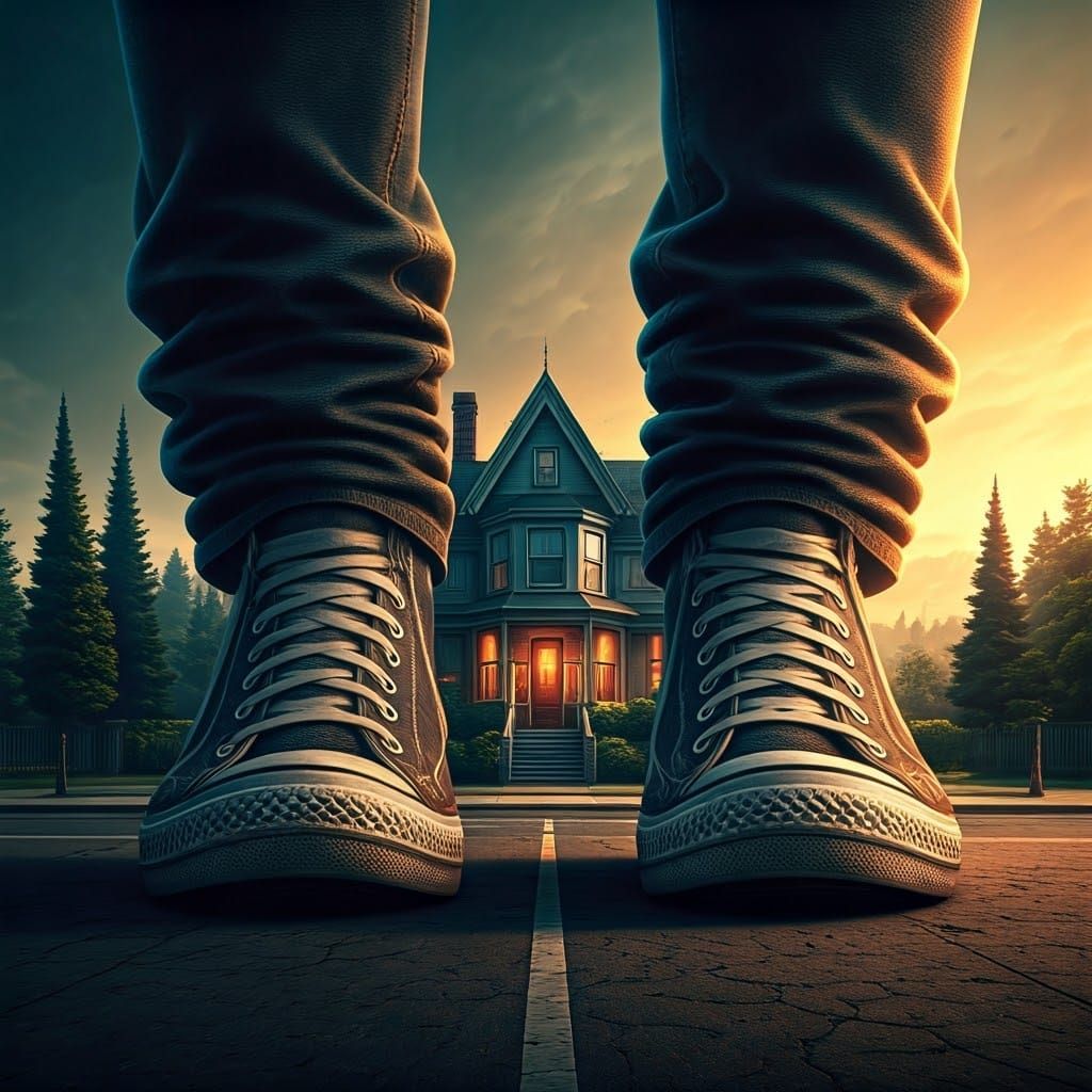 House with Feet in Cityscape, Digital Art
