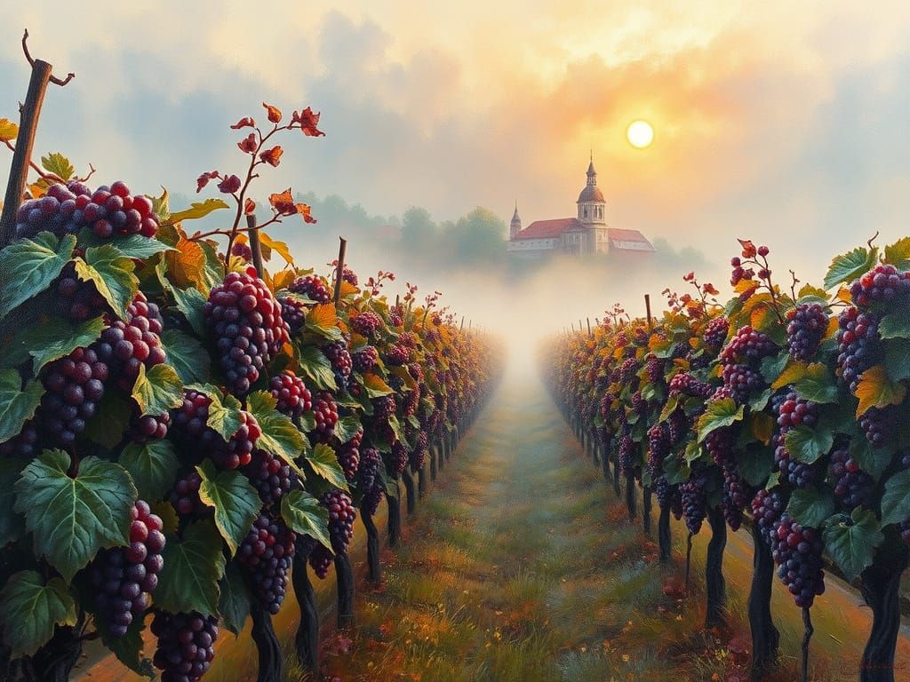 Vineyard Fog at Sunrise, Richly Textured Oil Painting