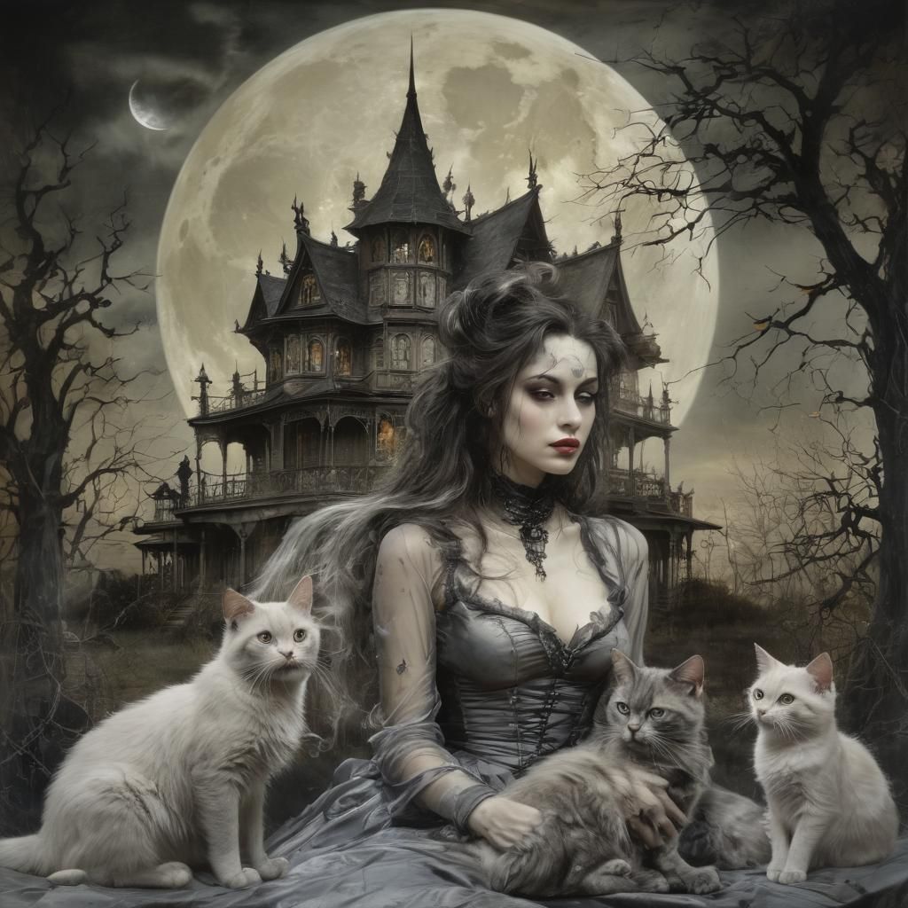 Romantic Witch Portrait with Cats in Encaustic Style