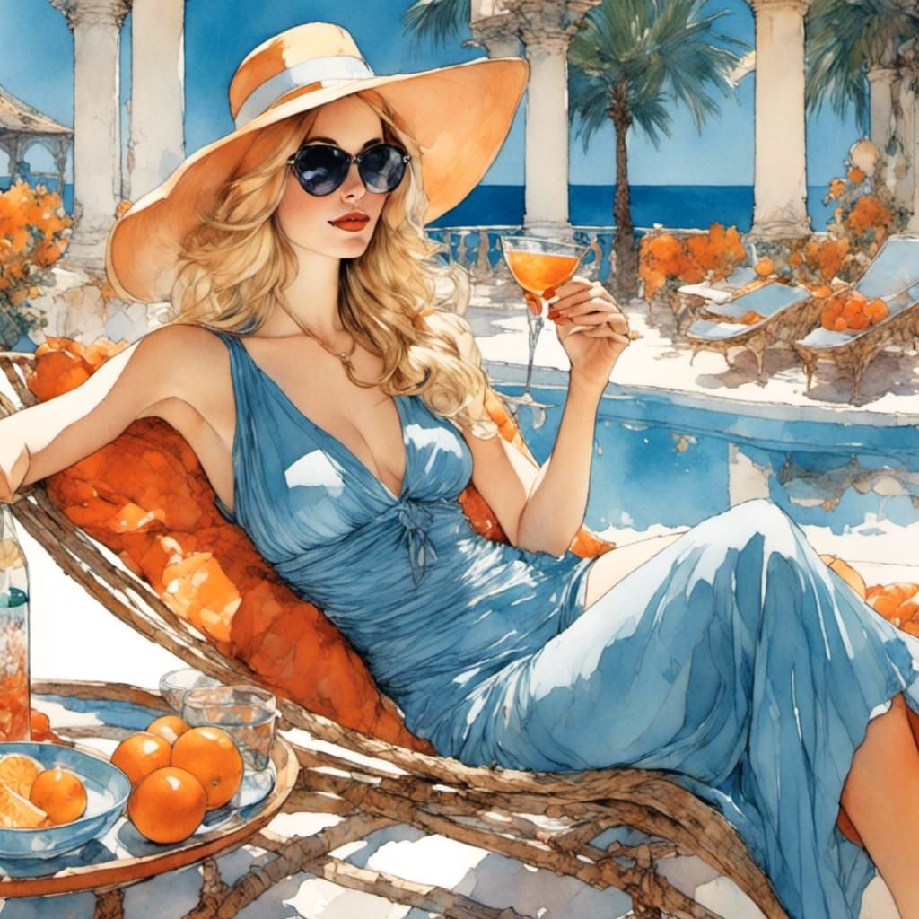 Glamorous Woman Lounging by Luxurious Poolside