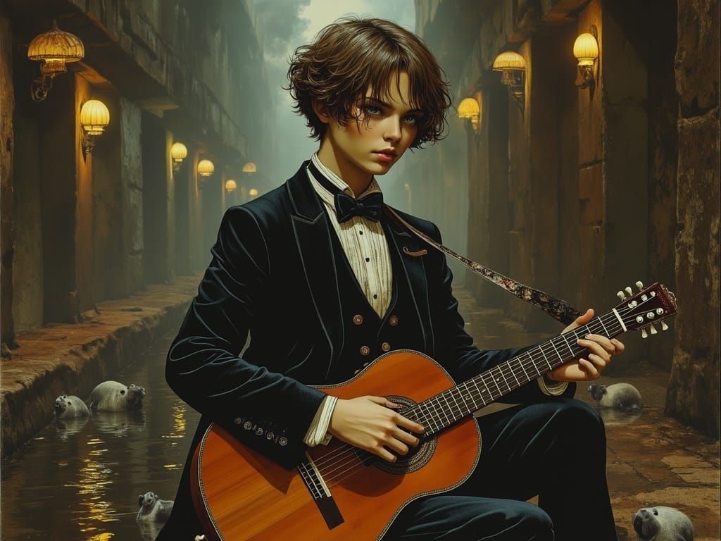 Sophisticated Boy Plays Guitar for Enchanted Rats in Moody S...