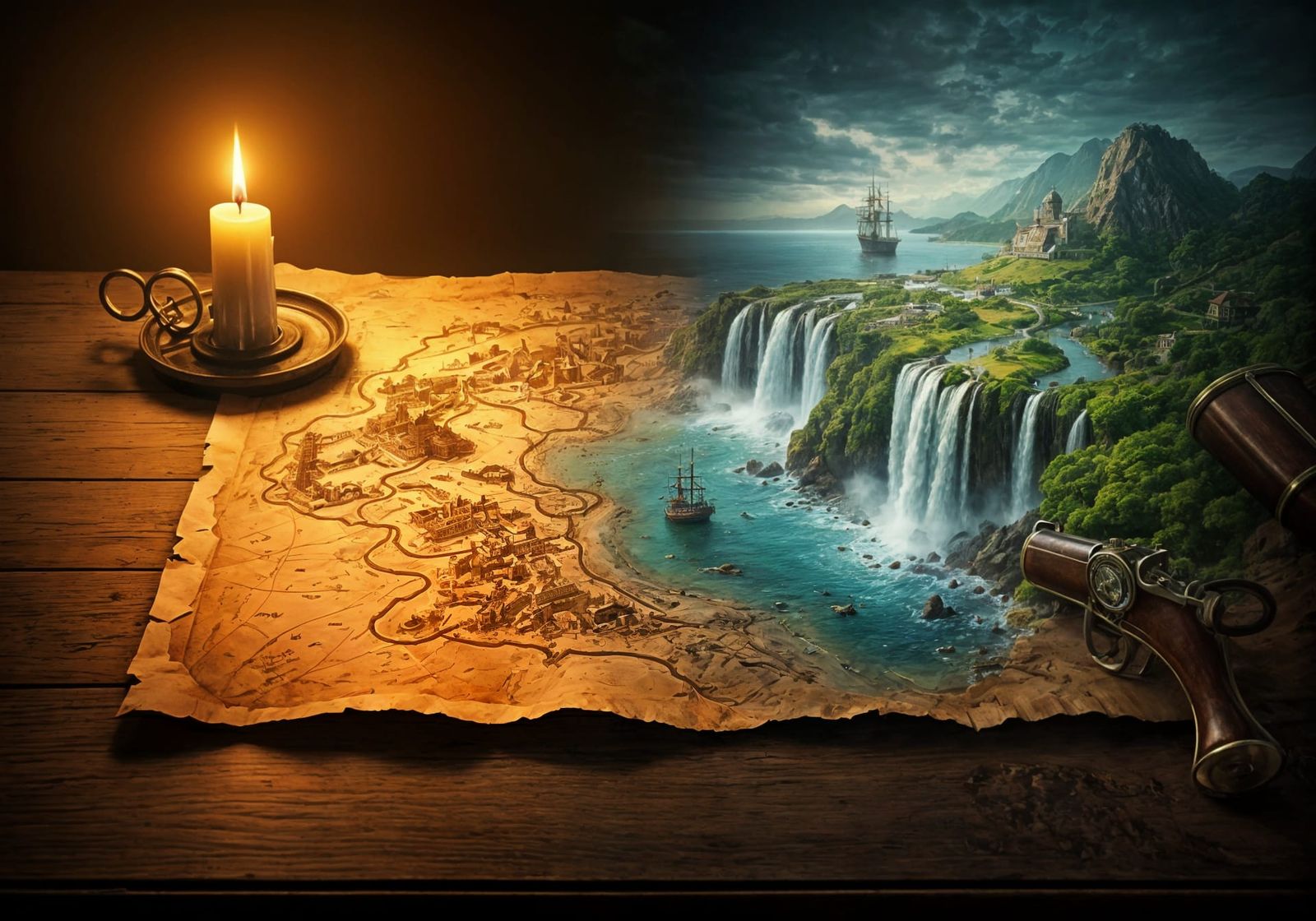 Epic Treasure Island Map in Candlelit Study