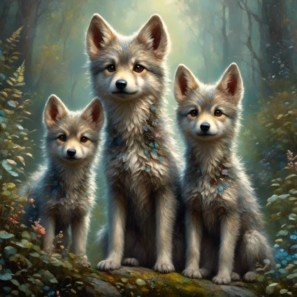 Grey Wolf Pups in Colorful Forest, Hyperrealistic Art