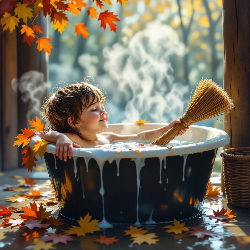 Happy Child in Steaming Bathhouse with Oak Leaves