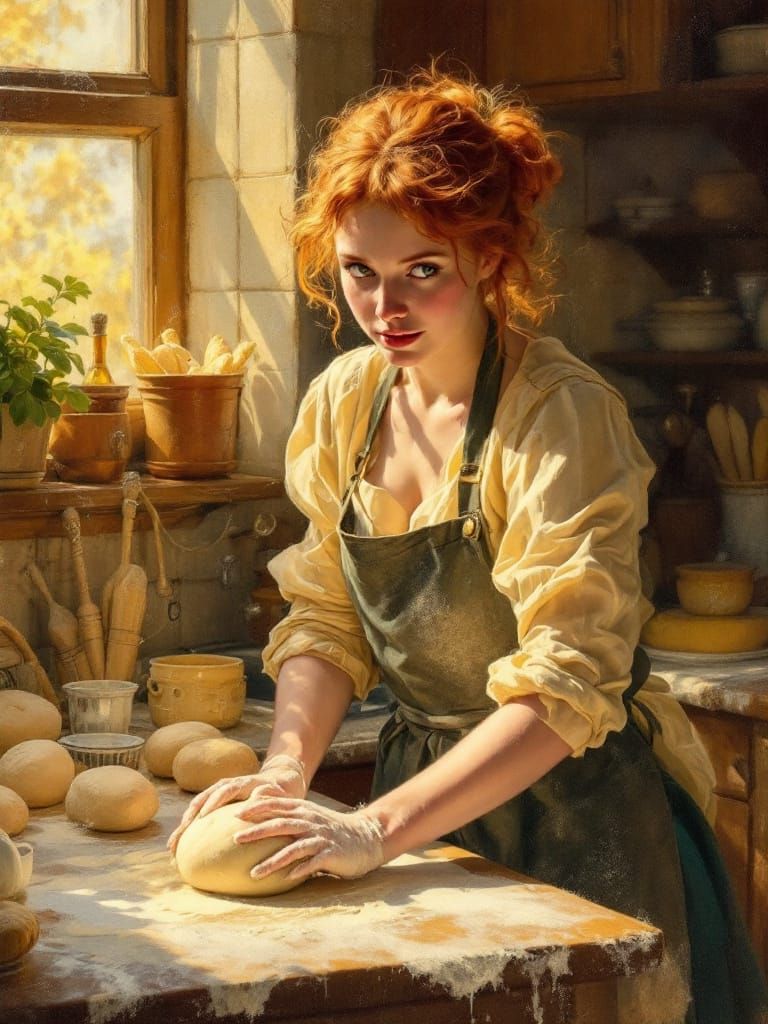 Redhead Baker Kneading Dough in Sunlit Kitchen