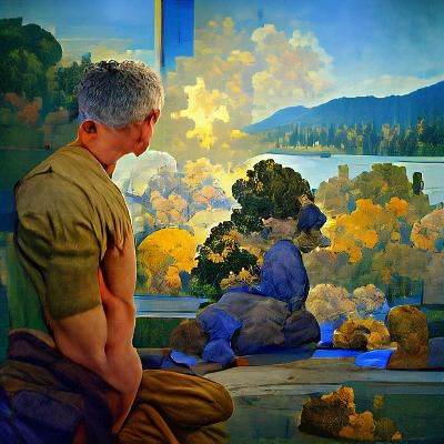 Contemplative Riverbank: A Parrish-Inspired Landscape